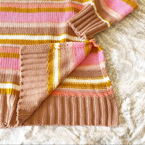 AERIE Stripe Chenille Turtleneck Sweater Tan Pink Stripes Large NEW NWOT - Picture 3 of 8